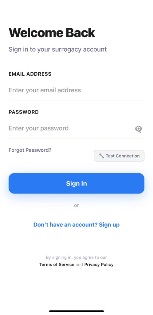 MySurro sign-in screen with email and password fields